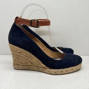 Browns Espadrille Wedges Heels Canvas Leather Blue Tan Brown Shoes Sz 37